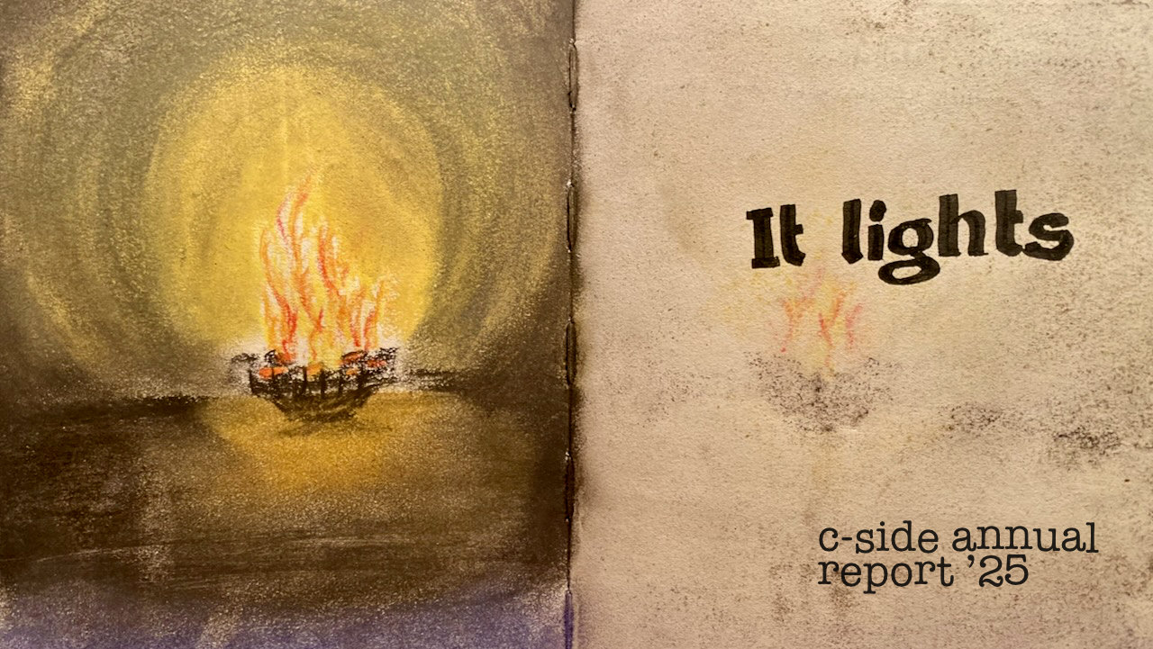 Annual Report 2025 cover: a pastel drawing of a fire in a brazier. words: it lights!